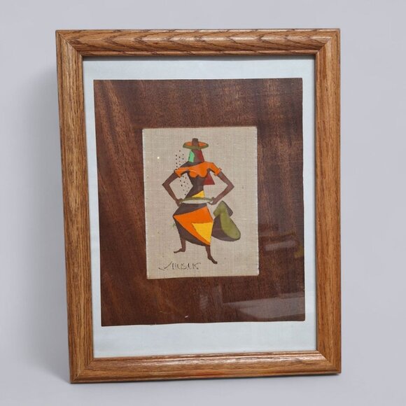 Vintage Virgilio Nabais Artwork Brazilian Woman Farmer Framed 15 x 12 Fabric - Picture 1 of 5